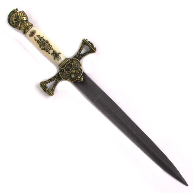 Medieval Stainless Steel Dagger: Medieval Stainless Steel Dagger. Dagger measures approx 14inches and is double edged. Blade measures approx 7.75 inches. Silver and Brass Finish