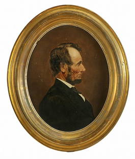 A portrait of Lincoln. Oil on paper, unsigned. In: A portrait of Lincoln. Oil on paper, unsigned. In a gilt oval frame, 19inh. 15.5inw.