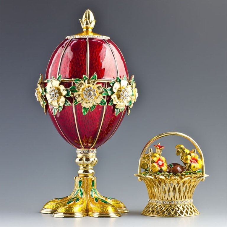 Flowers Basket Faberge Inspired Egg: 6'' (H) X 3'' (W) 2 lbs 1 oz Pewter, Enamel, Crystals The Spring Flowers Faberge egg is in strawberry red enamel with guilloche ground with golden flowers and green leaves ornamented with tiny crystal