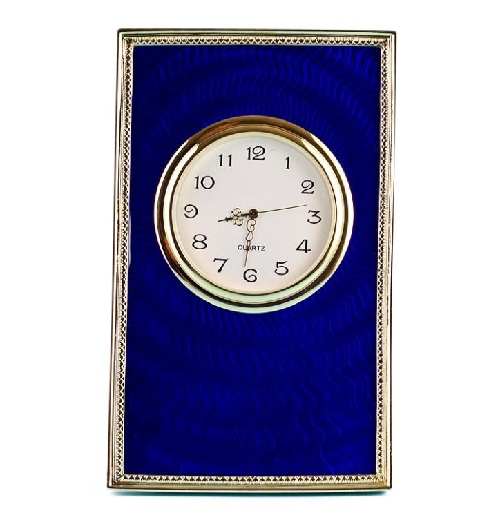Blue Enameled Guilloche Faberge Clock: Blue Enameled Guilloche Faberge Clock, Dimensions: 5'' (H) x 3'' (L) Quartz Clock Pewter, Enamel