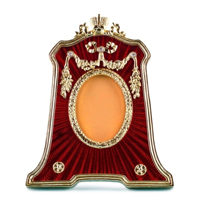 Red Enameled Guilloche Faberge Inspired Frame: Red Enameled Guilloche Faberge Inspired Frame, Dimensions: 4.5'' (H) x 3.75'' (L) Photo Opening Dimensions: 1.75" (H) 1.25" (W) Pewter, Enamel, Crystals