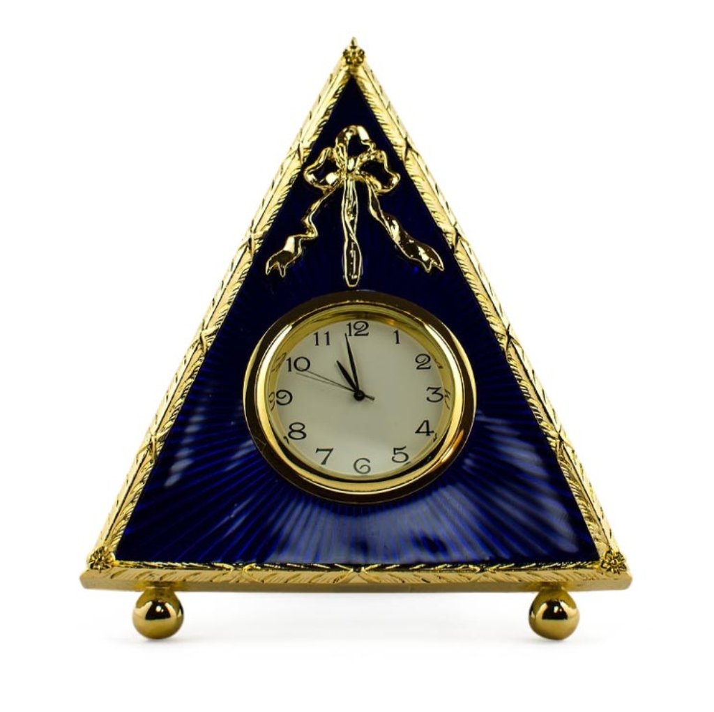 Blue Triangle Faberge Inspired Clock: Blue Triangle Faberge Inspired Clock, Dimensions: 5'' (H) Pewter, Enamel, Crystals Quartz