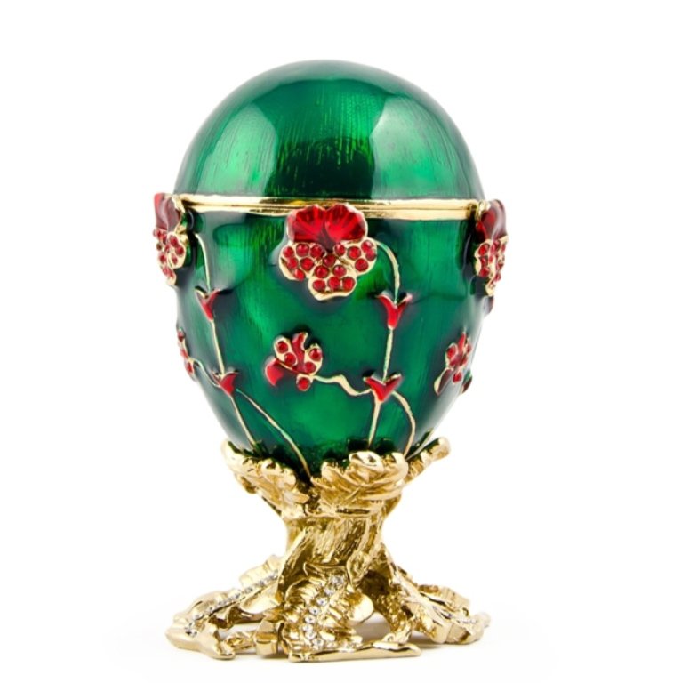 Pansy Faberge Inspired Egg: In nephrite adorned with enameled red pansies covered with a set with diamonds, supported on a swirl of leaves in golden gilt set with diamonds. The inside is covered with a green enameled surface in 
