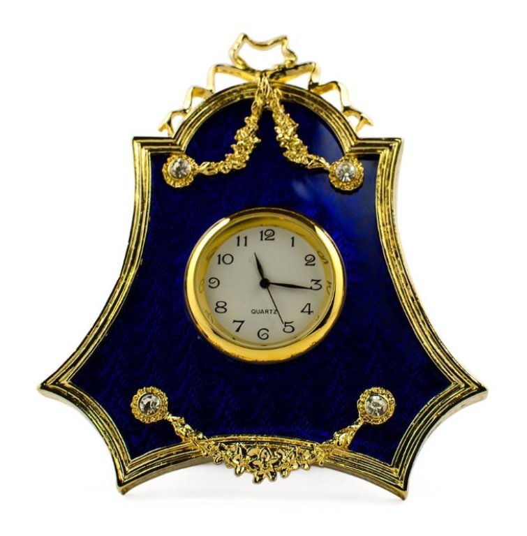 Blue Enameled Guilloche Faberge Inspired Clock: Blue Enameled Guilloche Faberge Inspired Clock, Dimensions: 4'' (H) Pewter, Enamel, Crystals , Quartz
