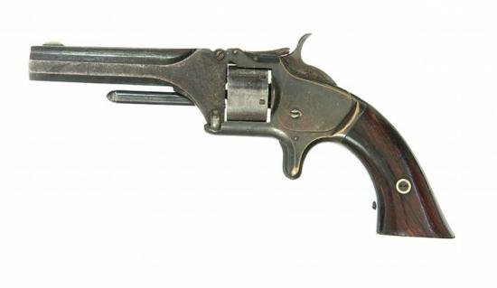SMITH AND WESSON MODEL NO. 1: SMITH AND WESSON MODEL NO. 1 SECOND - .22 caliber, seven-shot cylinder, 3.5in octagonal barrel, blued finish, rosewood grips. S/n 25350