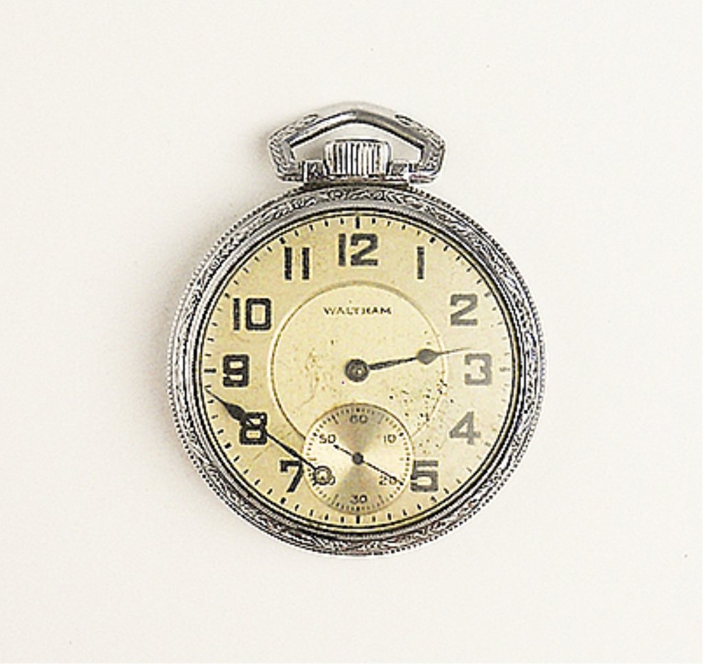 Men's Old Waltham Pocket Watch: Men's Old Waltham Pocket Watch. The Watch Could Have A Silver Case And Is Carved Around The Edges. The Face Is White With Black Numbers. It Has 2 Dials And Is Sold As Is.