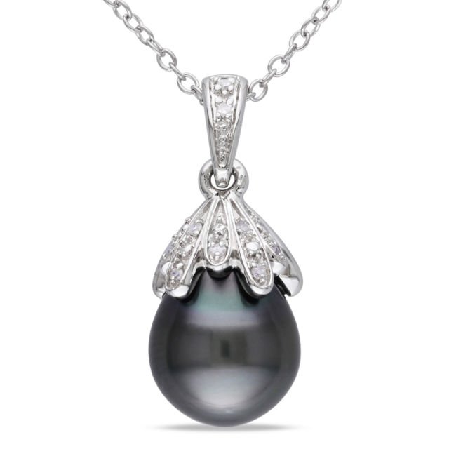 Tahitian Pearl & Silver Diamond Accent Necklace: Tahitian Pearl and Sterling Silver Diamond Accent Necklace, pearl measures approx 9.5 mm, necklace measures approx 18 inches.