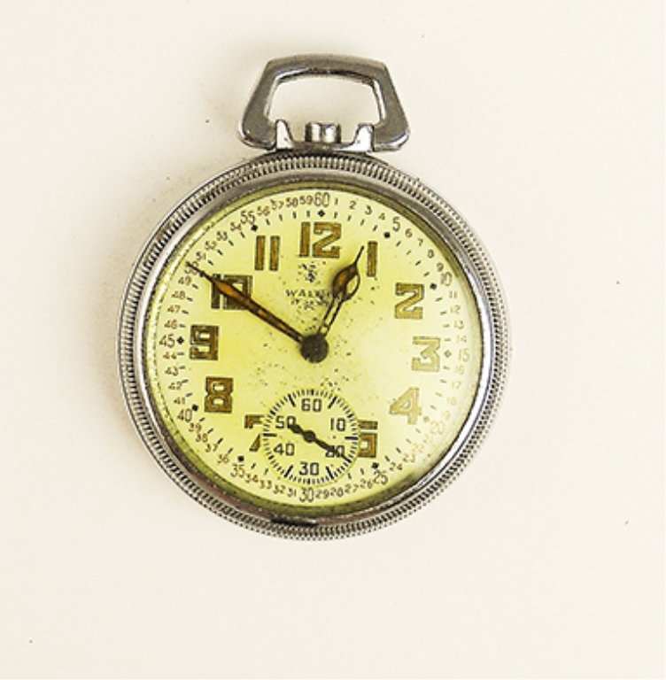 Waltham Men's Pocket Watch: Waltham Men's Pocket Watch. The Watch Is Stainless Steel With A White Face With Gold Colored Numerals. The Watch Has 2 Dials And Is Sold As Is.