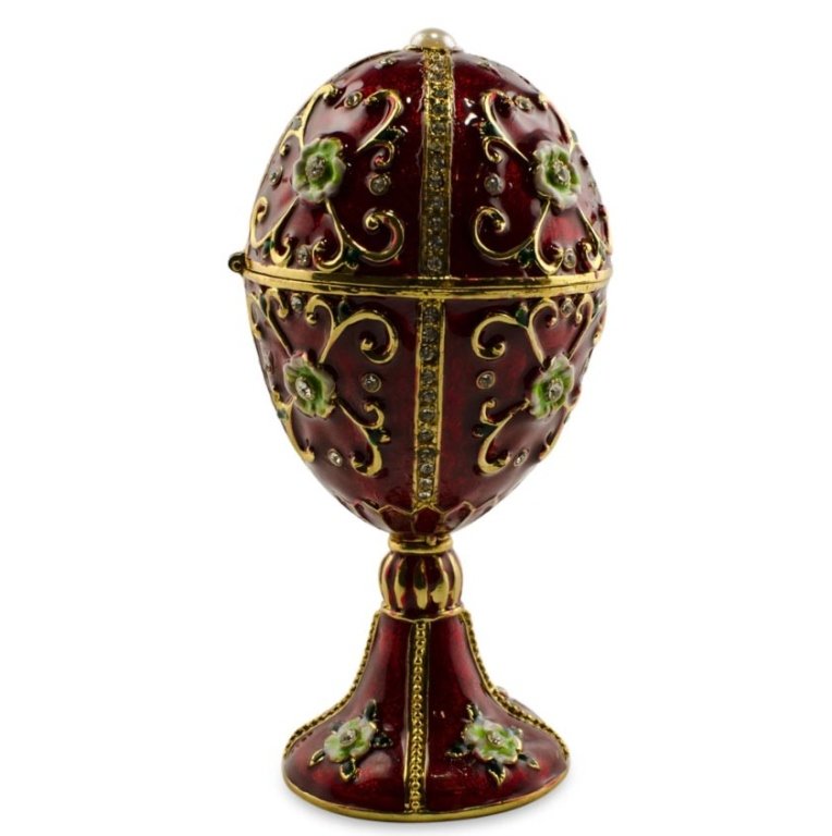 Fleur De Cristal Faberge Inspired Egg: Fleur De Cristal Faberge Inspired Egg, This sparkling Faberge-inspired egg trinket box is adorned with clear crystals and high-polished enamel with golden trim. It opens on a hinge and has a magnetic 