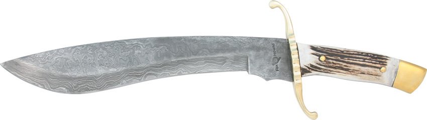 Large Damascus Hunting Bowie Knife: Fox & Hound Damascus Hunting Bowie Knife, Overall length 17.25 inches, blade measures approx 11.5 inches, Full Tang, Stag Handle, brown leather sheath