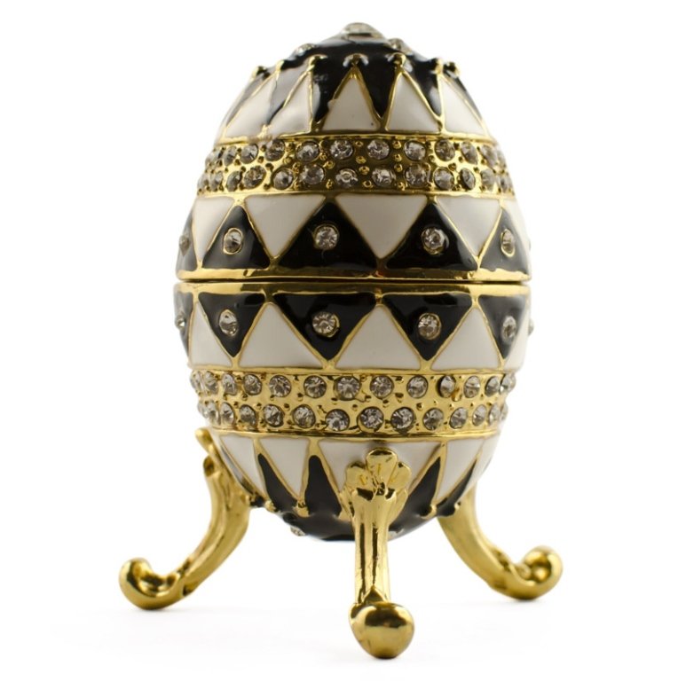 Noir Et Blanc Faberge Inspired Egg: Noir Et Blanc Faberge Inspired Egg, This sparkling Faberge-inspired egg is adorned with clear crystals and high-polished enamel with golden trim. It opens on a hinge and has a magnetic closure to keep