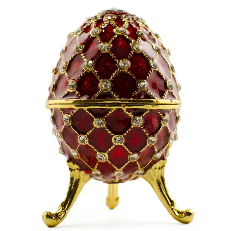 Beaucoup De Cristal Faberge Inspired Egg: Beaucoup De Cristal Faberge Inspired Egg, This sparkling Faberge-inspired egg trinket box is adorned with clear crystals and high-polished enamel with golden trim. It opens on a hinge and has a magnet