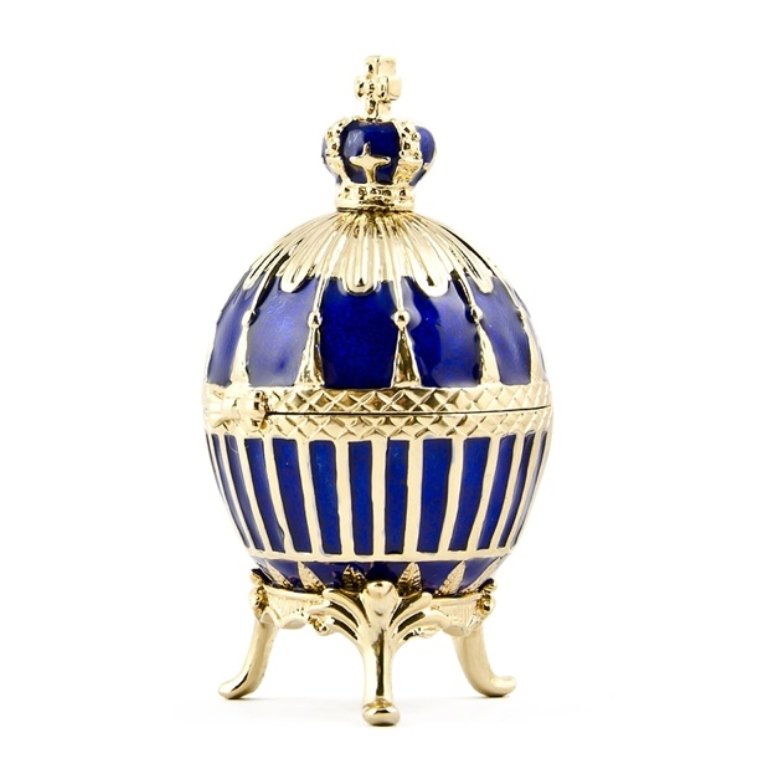 Blue Enamel Ribbed Faberge Inspired Egg: As the name implies, it is of three colors of gold with translucent sapphire blue enamel in a simplified Renaissance style. It is surmounted with an Imperial crown of gold set with sapphires and diamo