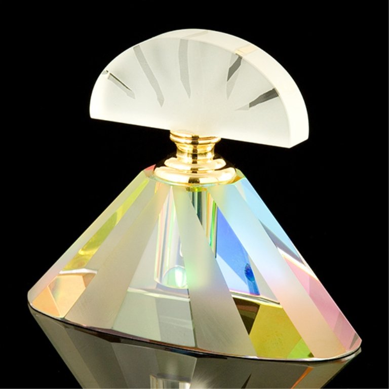 Art Deco Crystal Perfume Bottle: Art Deco Crystal Perfume Bottle , A rainbow spectrum of colors illuminates this stunning, art deco style perfume bottle. Bands of frosted crystal add design and texture to the triangular-shaped base a