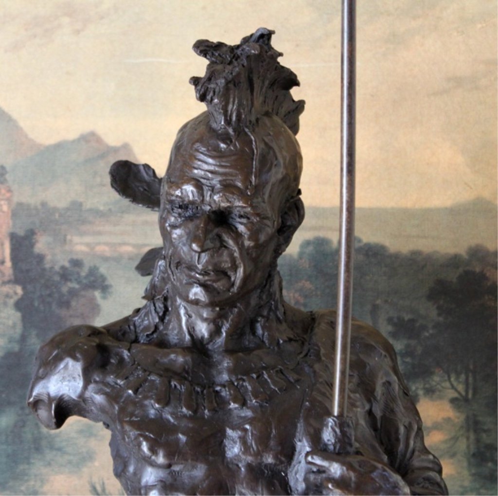 Enormous Bronze Bust Sculpture Indian Chief with S: Indian Chief with Spear Bronze Sculpture Bust After Bzach 29H x 12W x 10D 30 lbs. This bronze sculpture was produced using the "Lost Wax" casting method. The "Lost Wax" Cast method is the most precise