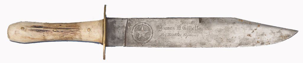 James B. Gillette Bowie Knife: Bowie Knife â€œJames B. Gilletteâ€ inscribed on blade with five pointed star. 15 3/4â€ overall with a 10 1/2â€ blade. Excellent bone handle.