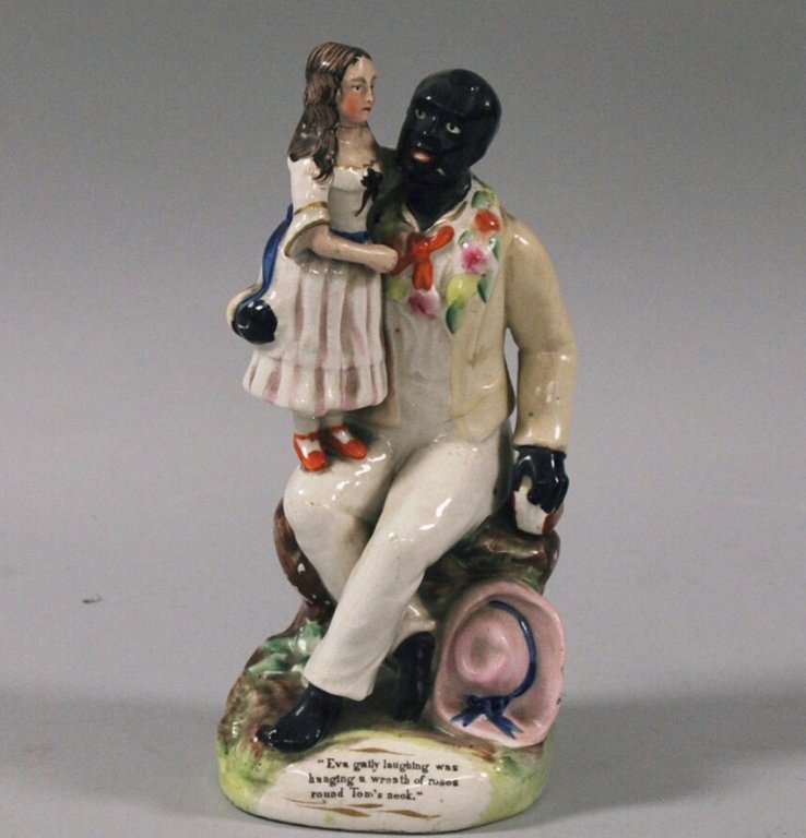 Staffordshire Ceramic Figural Group: Uncle Tom and Eva, Extremely Rare Staffordshire Museum Quality ceramic grouping. Character's from Harriet Beecher Stowe's Uncle Tom's Cabin, with a phrase from the novel on the base: "Eva tally laughi