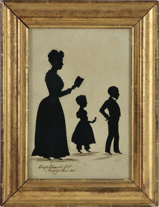 New Orleans RARE Silhouette (1844): New Orleans RARE Silhouette (1844) By famous Auguste Edouart (French, Louisiana 1789-1861) MS. ADAMS, CALVERT AND HARRIET, NEW ORLEANS, 1844 silhouette, period frame, signed & dated lowerright, inscri