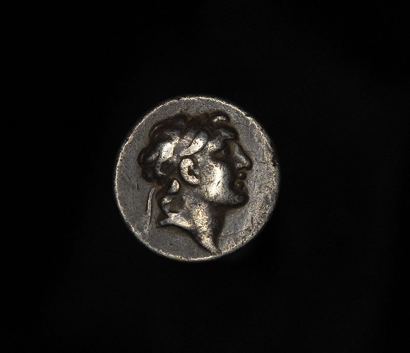 Ancient Greek silver drachm of King Ariarathes: An ancient Greek silver drachm of King Ariarathes V Eusebes Philopator, (benefactor, father lover) struck circa 163 - 130 B.C. The obverse with the diademed head of KingAriarathes V, facing right. The