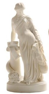Parian Molded Ceramic Standing Figure: Parian Molded Ceramic Standing Figure. Figure of young woman resting on pedestal with books and cornucopia. Unmarked. 14 3/4". Cracks at one arm.