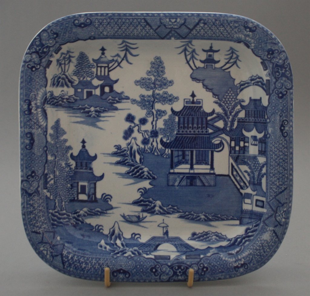 Antique Pearlware Spode Square Dish: Antique Pearlware Spode Square Dish. Blue transferware. Parasol figure. Square shaped dish. c. 1815. Marked Spode on underside. 8"w.