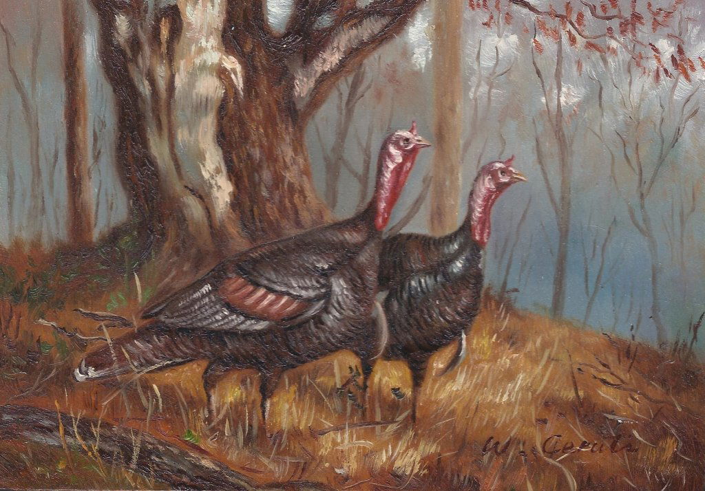 5x7 Signed original Oil on Board: Signed original Oil on Board. Depicting Wild Turkey hunt scene in South Carolina, Signed W. Ceruti