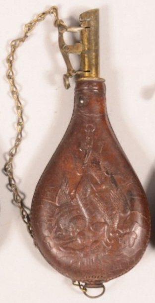 Leather Shot Pouch w/ Hanging Game.: Leather Shot Pouch w/ Hanging Game. Raised design of hanging game. Brass chargers 6" body.