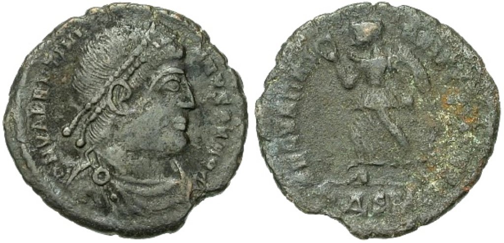 Ancient Roman Valentinian I Coin: Valentinian I, 25 February 364 - 17 November 375 A.D. In 369 the Persian king Shapur II occupied the previously pro-Roman kingdom of Armenia. Bronze AE 3, RIC IX 7(a) iii, VF/F, Siscia mint, weight 2.