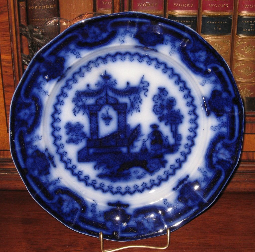 Rare 1845 T.J. & J. Mayer Flow Blue Oregon Plate: Circa 1845 English Staffordshire Flow Blue Oregon pattern 'Chinese Porcelaine' Plate by T.J. & J. Mayer in Longport. It measures approximately 9-1/2" in diameter. It is in excellent condition with NO