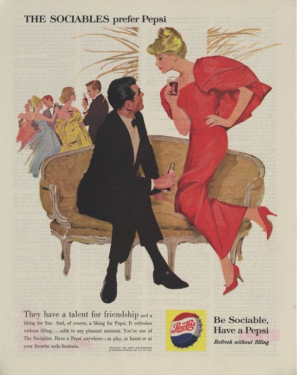 Original 1960 "Mad Men" Pepsi Cola Ad: Original 1960 Pepsi Cola Magazine Advertisement from The Saturday Evening Post. Slogan reads, " The Sociables prefer Pepsi." Features a handsome, aristocratic couple ( from the era of "Mad Men" ) enjo