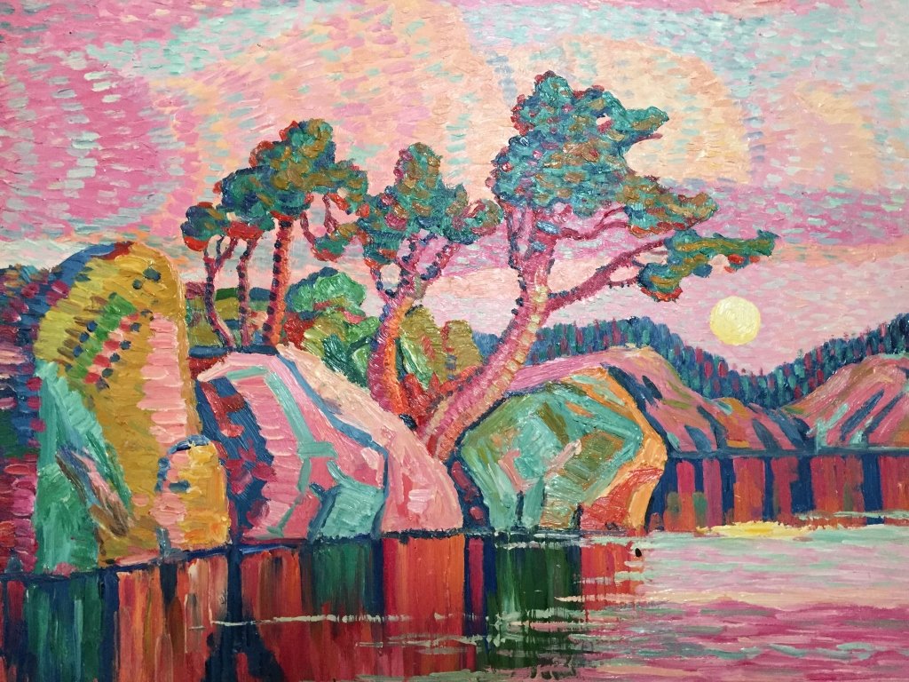 Style of Prendergast, Oil on Board Landscape: Post Impressionism, Pointillism, style of Prendergast, oil on board painting. Bright pink sunset landscape. Lovely, modern & thick impasto painting. 20" X 24".