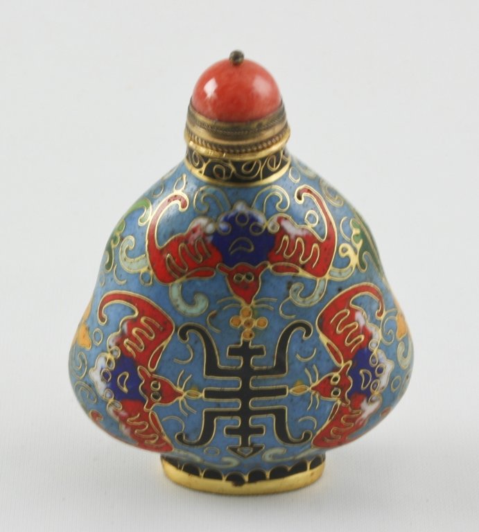 Chinese Cloisonne Happiness Bat Snuff Bottle: Beautiful cloisonne snuff or medicine bottle with red jasper stone top & brass spoon. Design on both sides depicts three bats descending from the sky ( heavens ) to symbolize or state that happiness h
