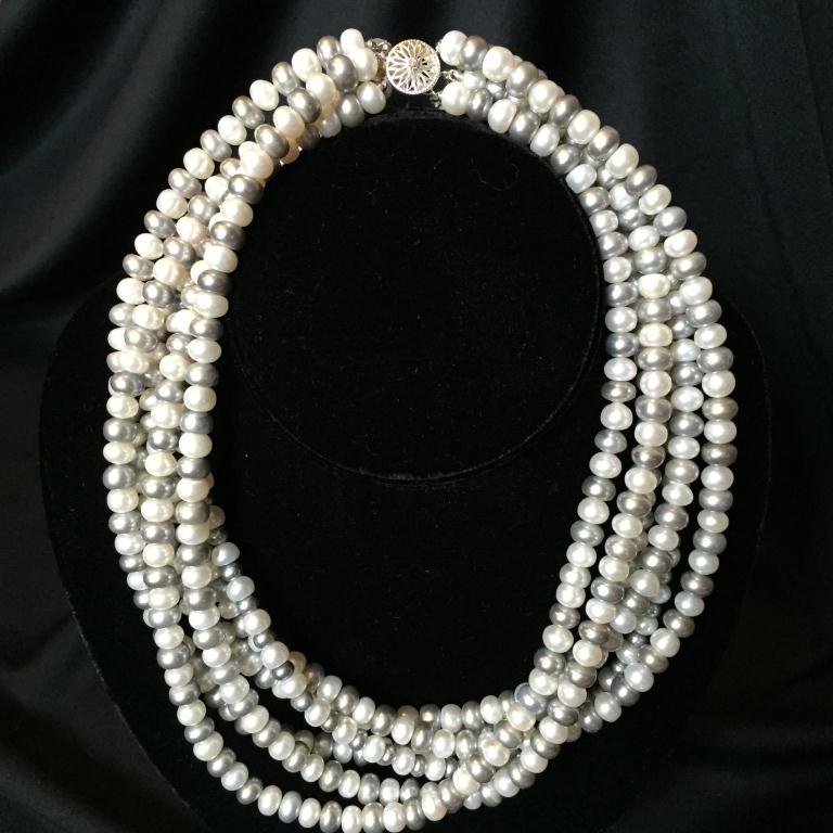 Multi-strand Gray & White Pearl Choker: Multi-strand ( 6 row ) gray & white freshwater pearls ( 3 - 6mm off round chocker collar necklace with a fancy .925 sterling silver clasp.