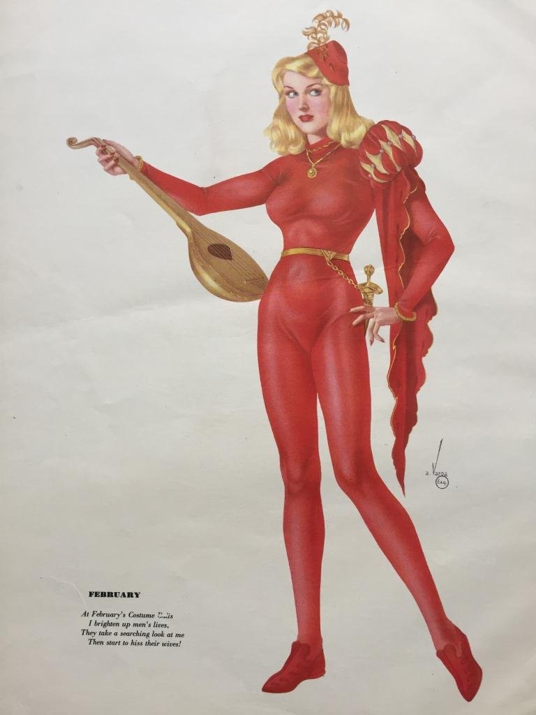 1942 Esquire Magazine Varga Girl Pin Up Prints: Original 1942 double sided calendar prints, Joaquin Alberto Vargas ( 1896- 1982 ) from Esquire magazine, WWII pin up girl lithograph. Poem verses by Phil Stack. January & February Varga girls, double