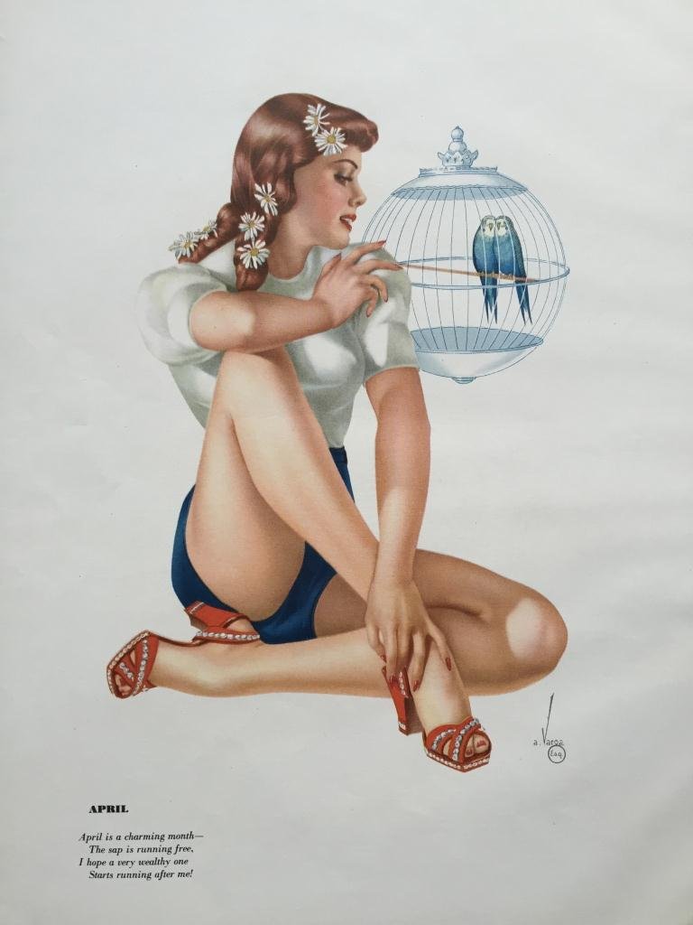 1942 Esquire Magazine Varga Girl Pin Up Prints: Original 1942 doubled sided prints. Joaquin Alberto Vargas ( 1896- 1982 ) , from Esquire magazine, WWII pin up girl lithographs. Poem verse by Phil Stack. March & April, one of each side. March - brun