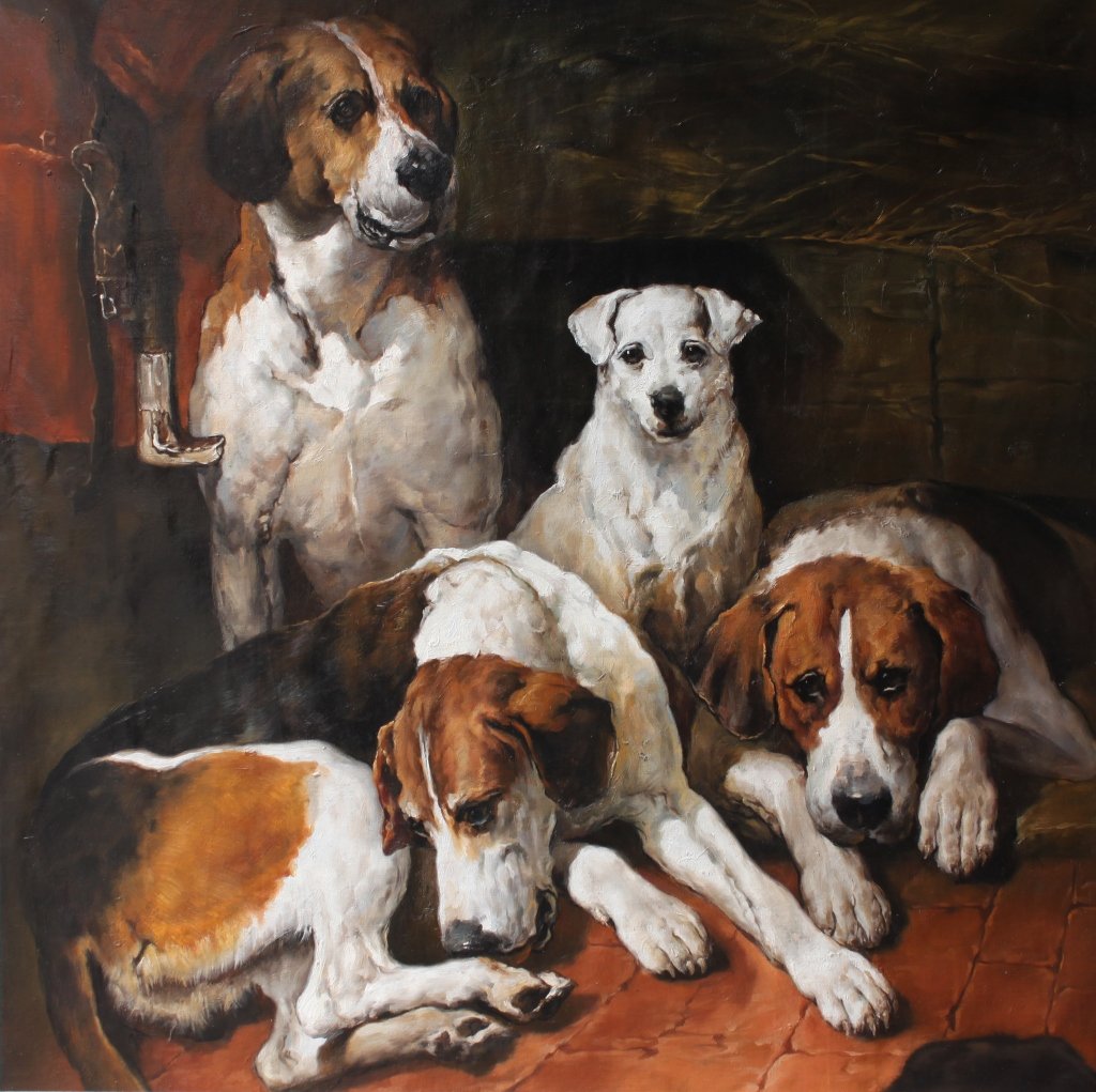 Student of Emms, Hounds & Terrier Oil Painting: Student of John Emms ( British 1843-1912 ). "Hounds & a Terrier in a Kennel." Oil on canvas painting. 40" X 50".