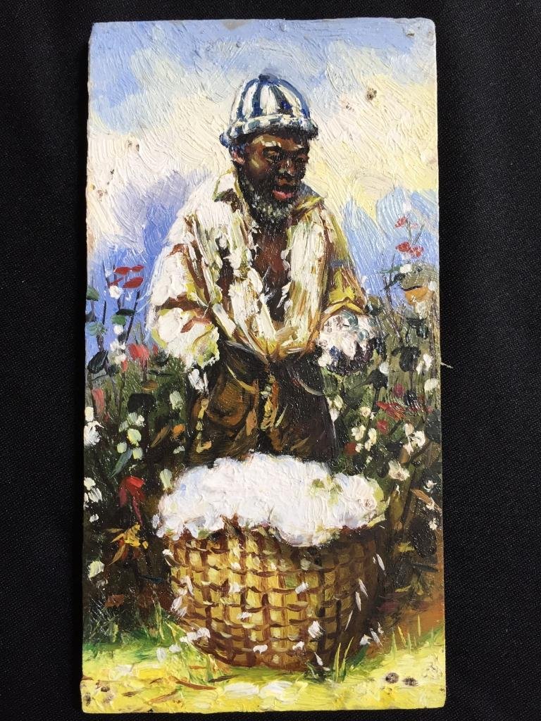 Student of W. A Walker, Man with Basket Of Cotton: Student Of William Aiken Walker, oil on board thick textured painting of a man with a basket of cotton. 3" X 6".