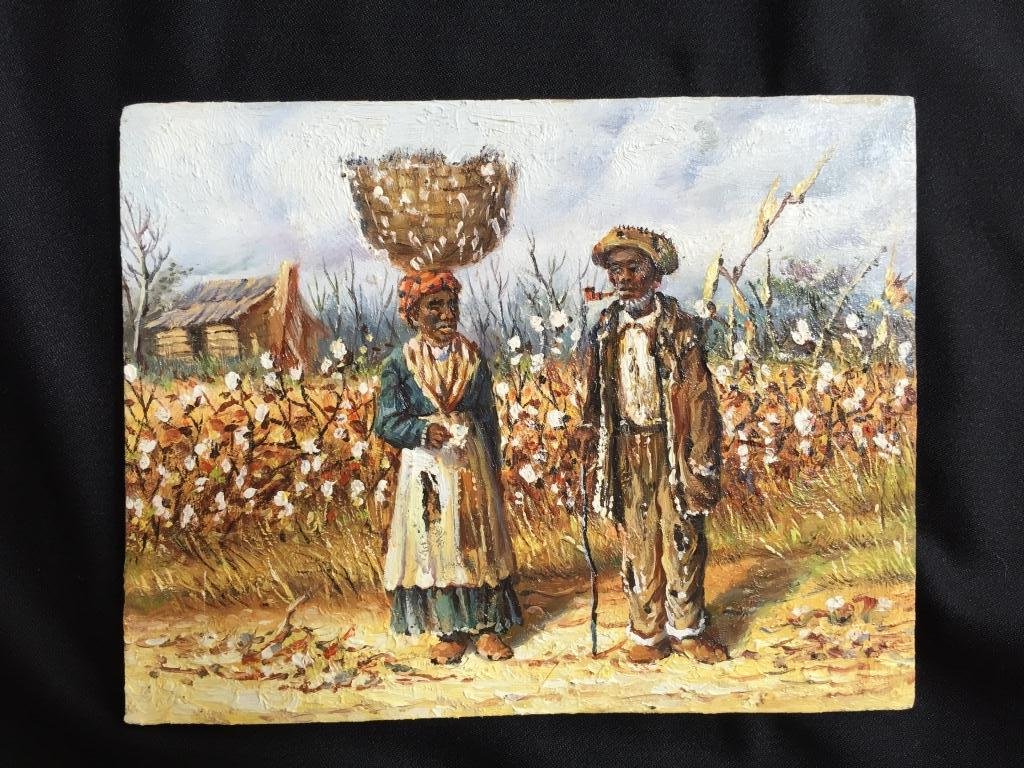 Student Of W. A. Walker, Cotton Pickers Painting: Student of William Aiken Walker, oil on board textured painting of a couple standing in a cotton field, man with walking stick & woman with basket of cotton on her head. 5 1/2" X 7".