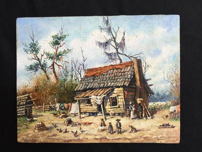 Student Of W. A. Walker, Old Cabin, Oil Painting: Student of William Aiken Walker, oil on board painting of an old rural cabin scene. Thick, textured painting. 5 1/2" X 7".