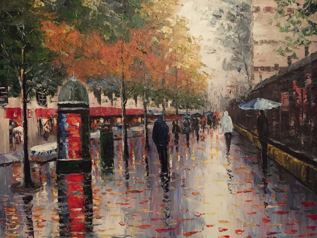 Style of Edouard Cortes, Paris Street Scene: 20th century oil on canvas painting, in the style of Post - Impressionist Edouard Cortes. Street scene in Paris. 20" X24" gallery wrapped with black painted edges.