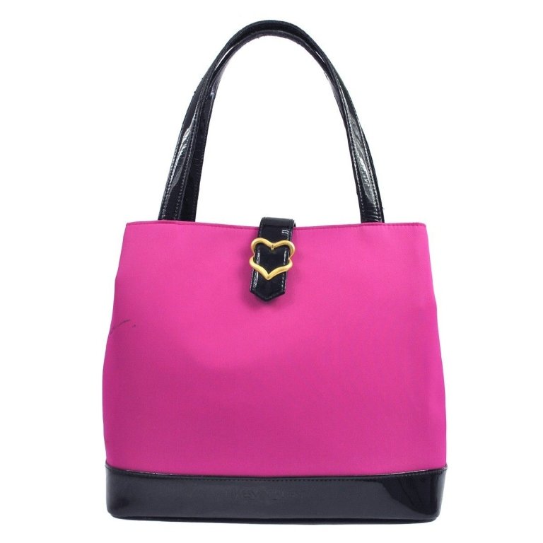 Authentic Vintage Yves Saint Laurent Tote Bag: Vintage Yves Saint Laurent, purple/ neon fuschia pink nylon with patent leather. Gold metal faux buckle that decorates the button latch strap is in the form of a heart. Logo stamp on latch & pat. 1423