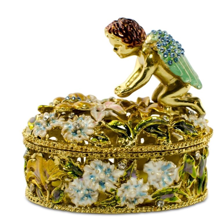 Golden Cherub Enamel Crystal Jewelry Box: Hand-painted enamel over pewter trinket box adorned with clear crystals, in the form of a small cherub angel kneeling in a bed of flowers. Hinge opening with magnetic closure. 2 1/2" H X 2 1/2" W.