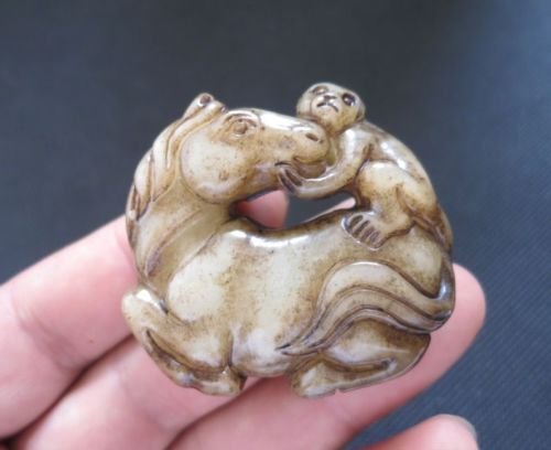 Chinese Carved Stone Monkey Horse Totem Pendant: Chinese carved stone, in the form of a monkey riding a horse, totem or pendant. Symbolic for an immediate promotion in official rank. 2"D.