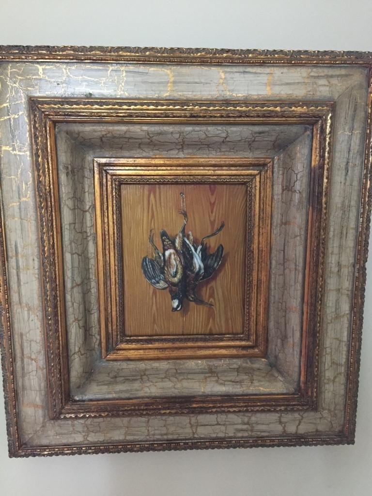 Student of W.A. Walker, Oil Painting, Hunt Scene: Student of William Aiken Walker, oil on board painting, "After the Hunt hanging fowl. 8" 'X 10" painting size in a 22" X 24" ( outside dimensions ) solid wood with gold gilt frame.