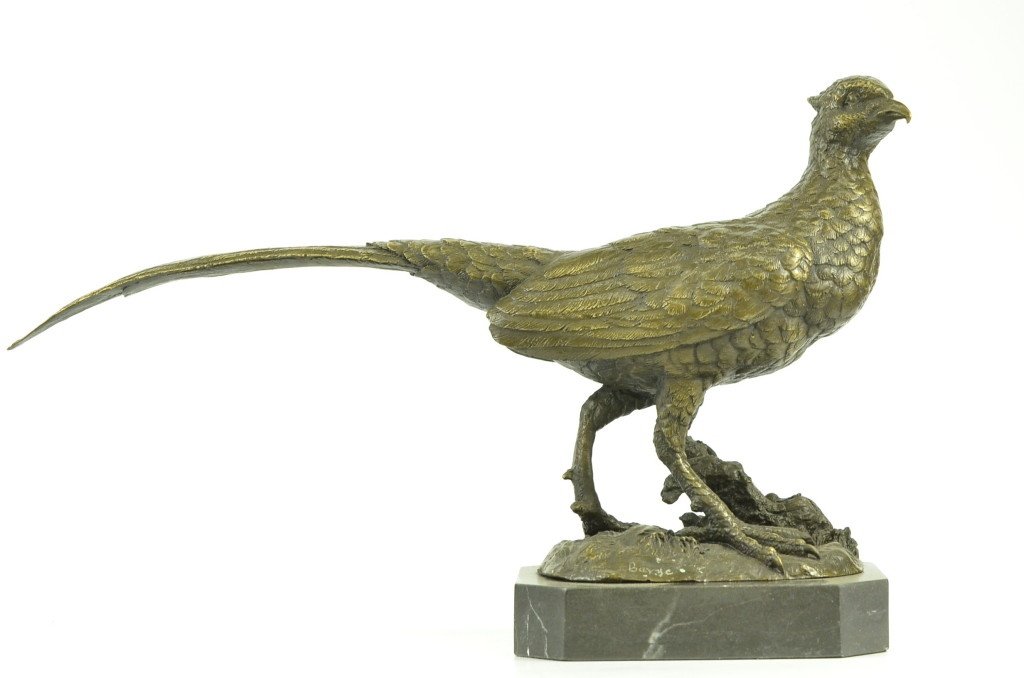 Bronze Pheasant Hunter's Trophy Sculpture: Bronze hunter's trophy sculpture, mounted on a marble base. Lost wax casting method bronze. 8" L X 6 1/2" H. 15lbs.
