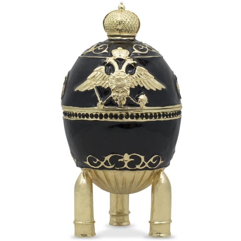 1916 Steel Military Faberge Inspired Jewel Box Egg: Faberge inspired egg, after the original design by Carl Faberge. Enamel & gold gilt over pewter, with embedded crystals. Double eagle gold gilt design with Imperial crown lid top that opens to reveal