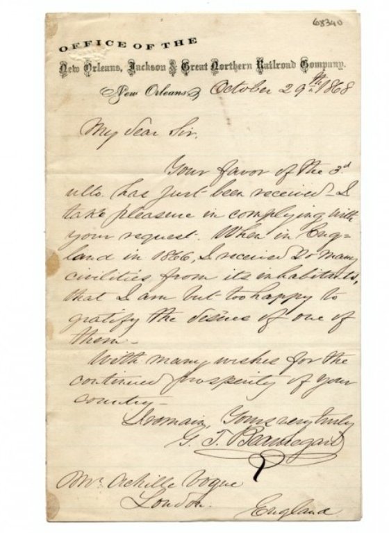 1868 General P. G. T. Beauregard Signed Letter: Authentic original letter from The Office of the New Orleans, Jackson & Great Northern Railroad Company, New Orleans, LA October 29th 1868, in the handwriting script of & signed by Civil War Confedera