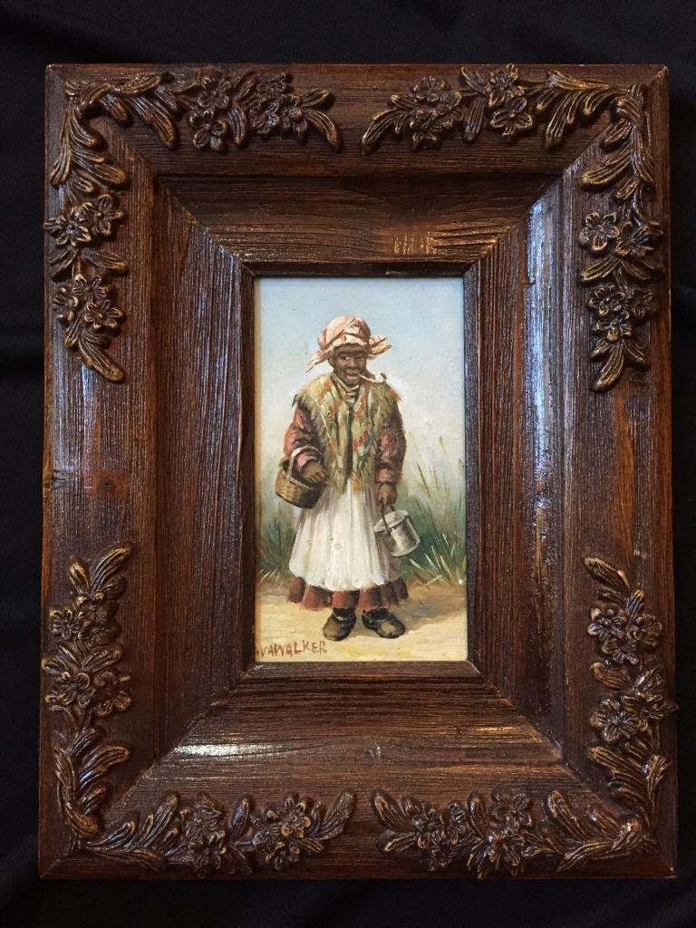 Student of Walker, Woman With Pipe,Oil Painting: Student of William Aiken Walker ( American, 1839 - 1921). Sharecropper woman with pipe. Oil on wood panel. 4" X 7". Framed in 10 1/2" X 13 1/2" ornate wooden frame.