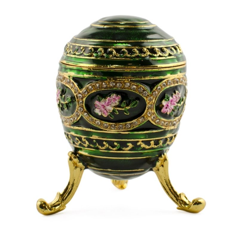 Floral Faberge Inspired Jewel Trinket Box Egg: Gerbera Fleur, Faberge inspired jewel trinket box eggadorned with clear crystals & enamel with gilt trim. Hinge opening with magnetic closure. 2.8"H X 2" D. Pewter, crystals, enamel. to be ordered