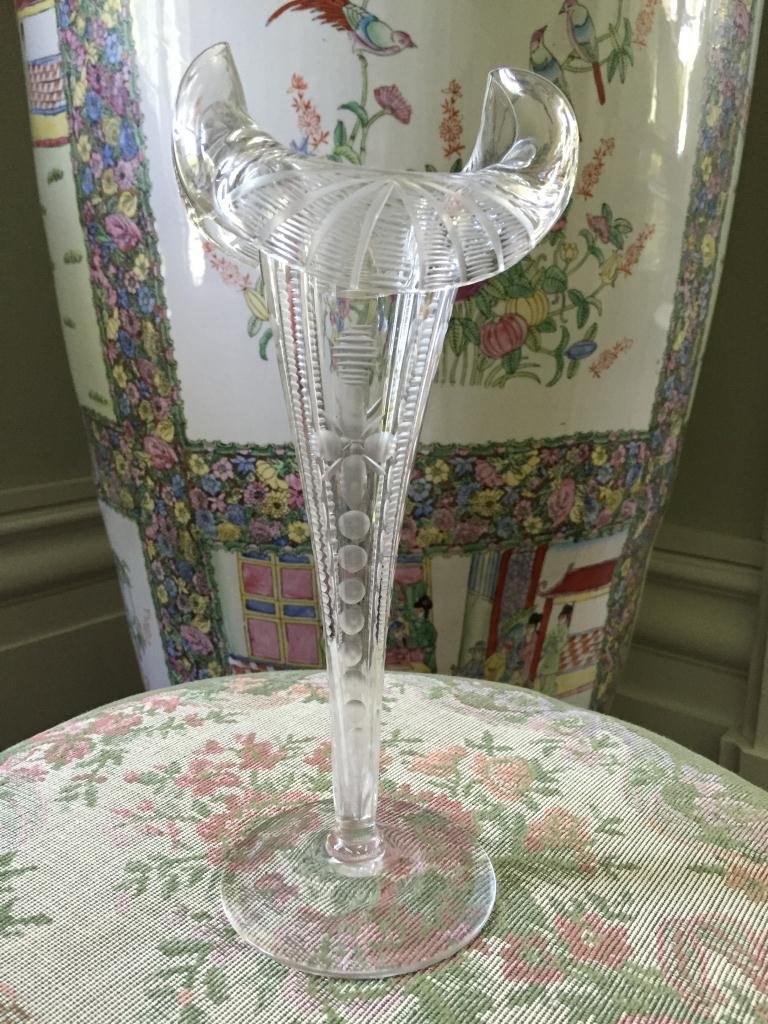 Exquisite c1890 Tulip Crystal Cut Glass Vase: This perfect museum quality 10" tall vase is zipper cut on four sides, with floral patterns & waterfall designs on both lips. Circa 1890 American.